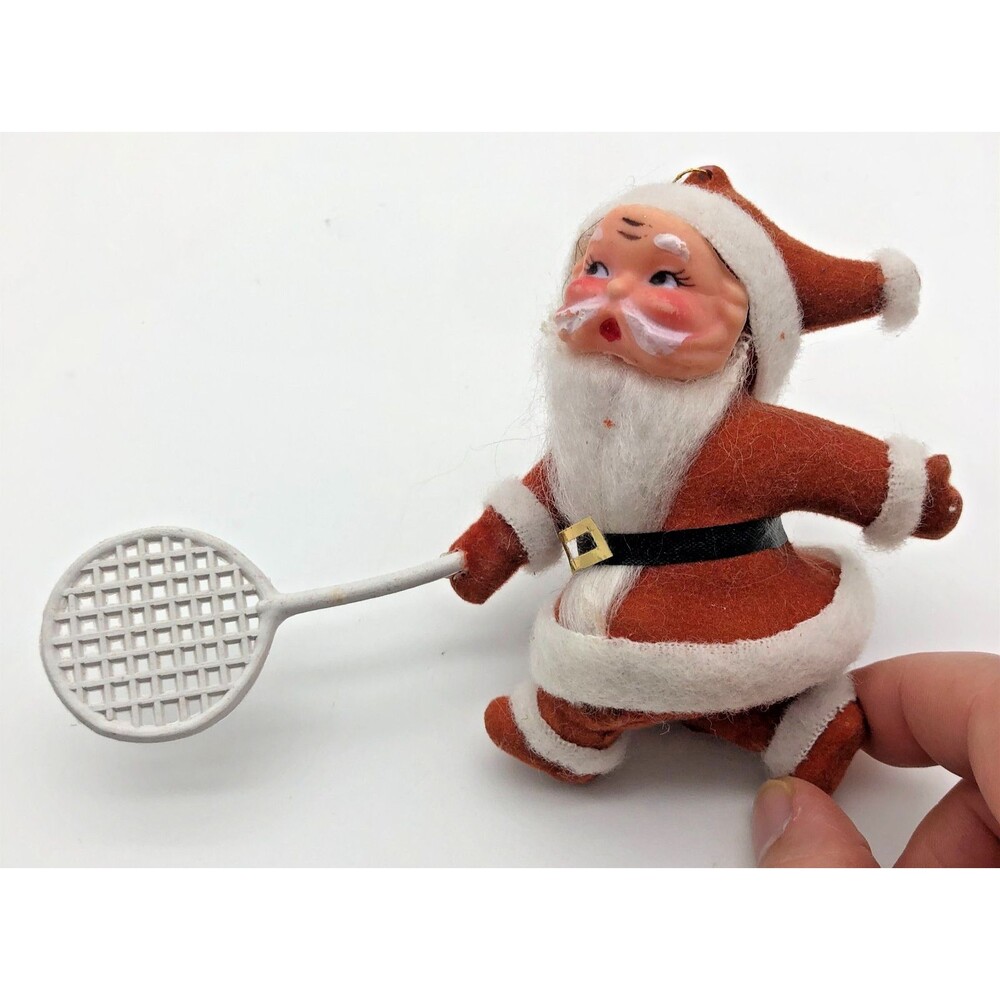 VINTAGE Flocked Felt Santa Tennis Pickeball Player Christmas Ornament Holiday